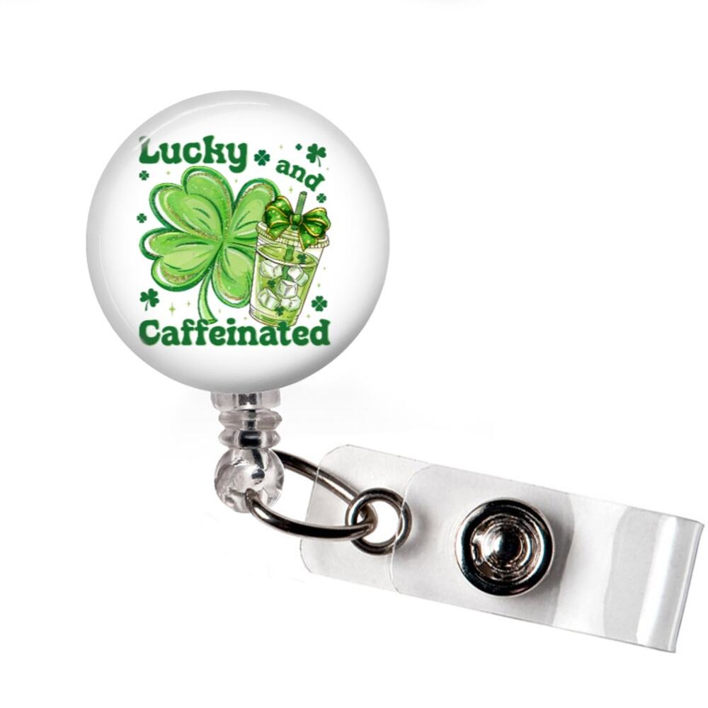 Badge Reel Lucky and Caffeinated Coffee Retractable ID Name Holder